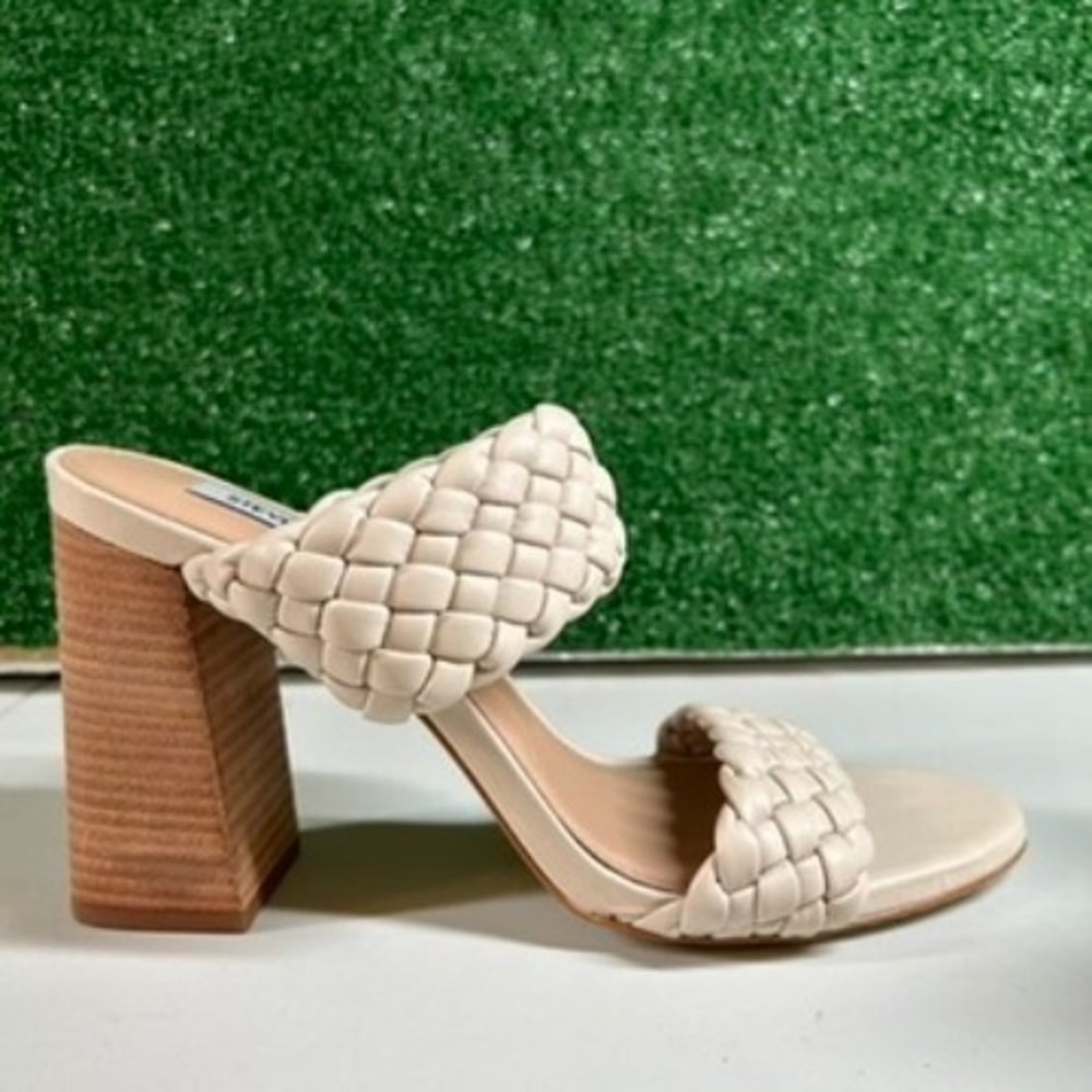 Steve Madden Kenley‎ Sandals Womens Size 10 Cream Braided Block Heel Mules